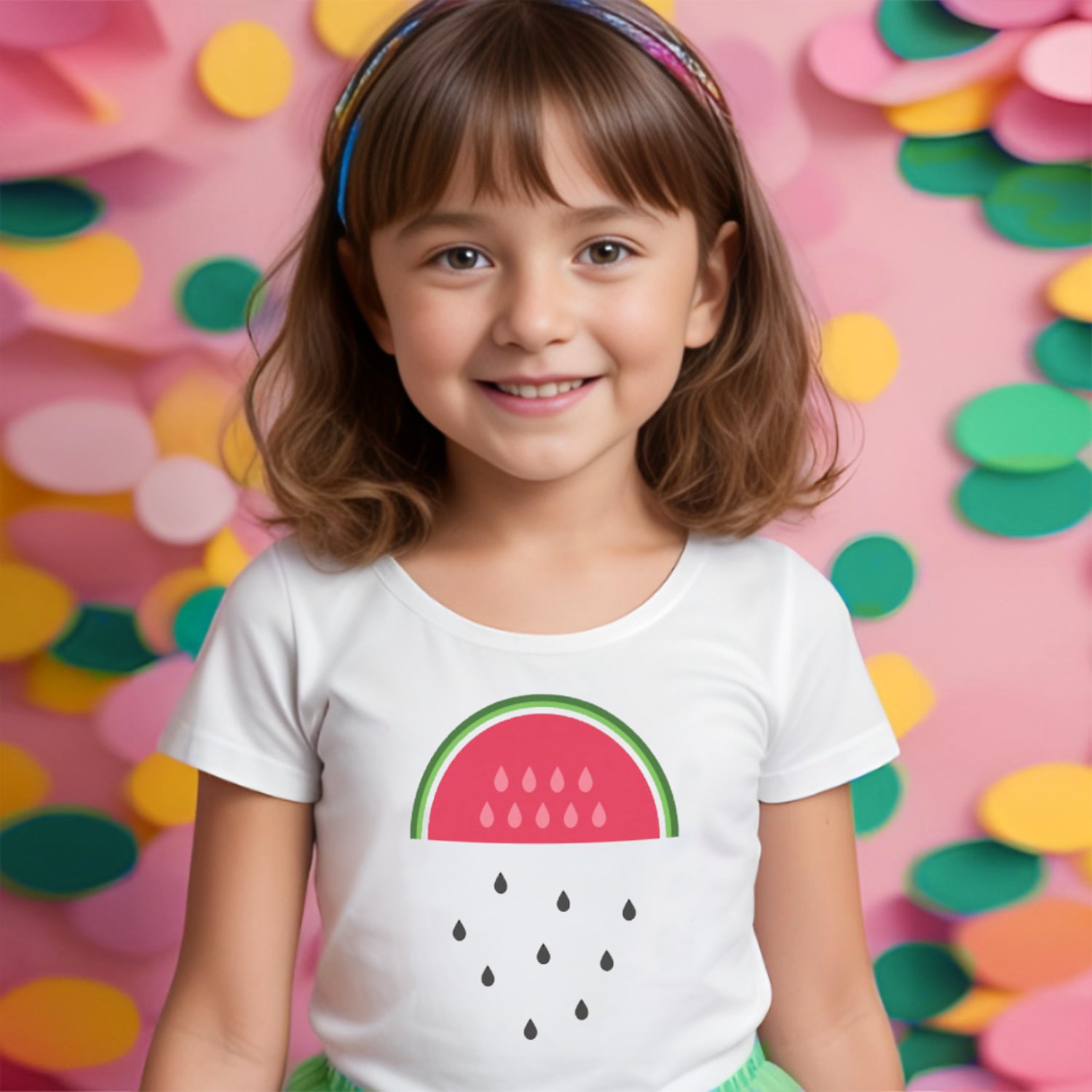 Girl wearing colourful fruit print tee for kids