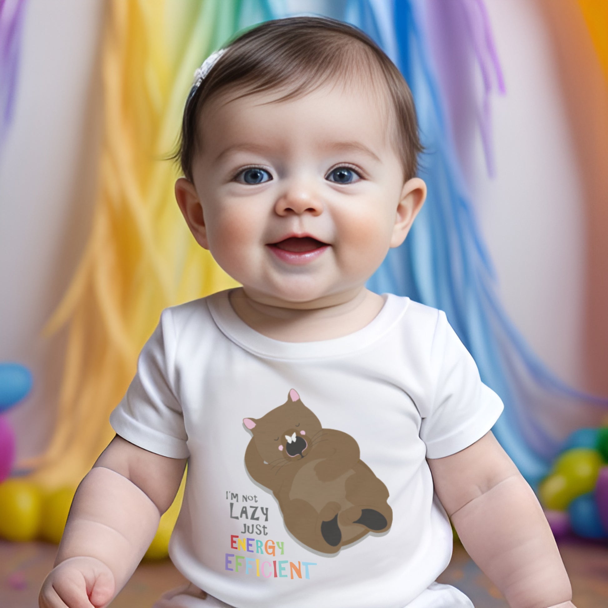 Baby wearing white kids t-shirt with sleeping wombat design