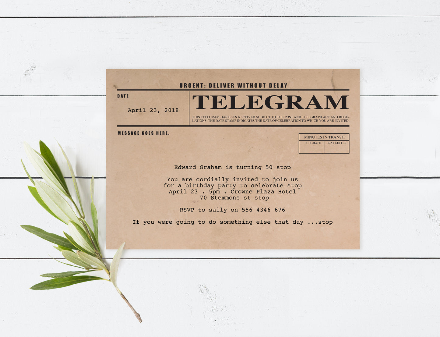 telegram vintage party invitation - INSTANT DOWNLOAD PDF