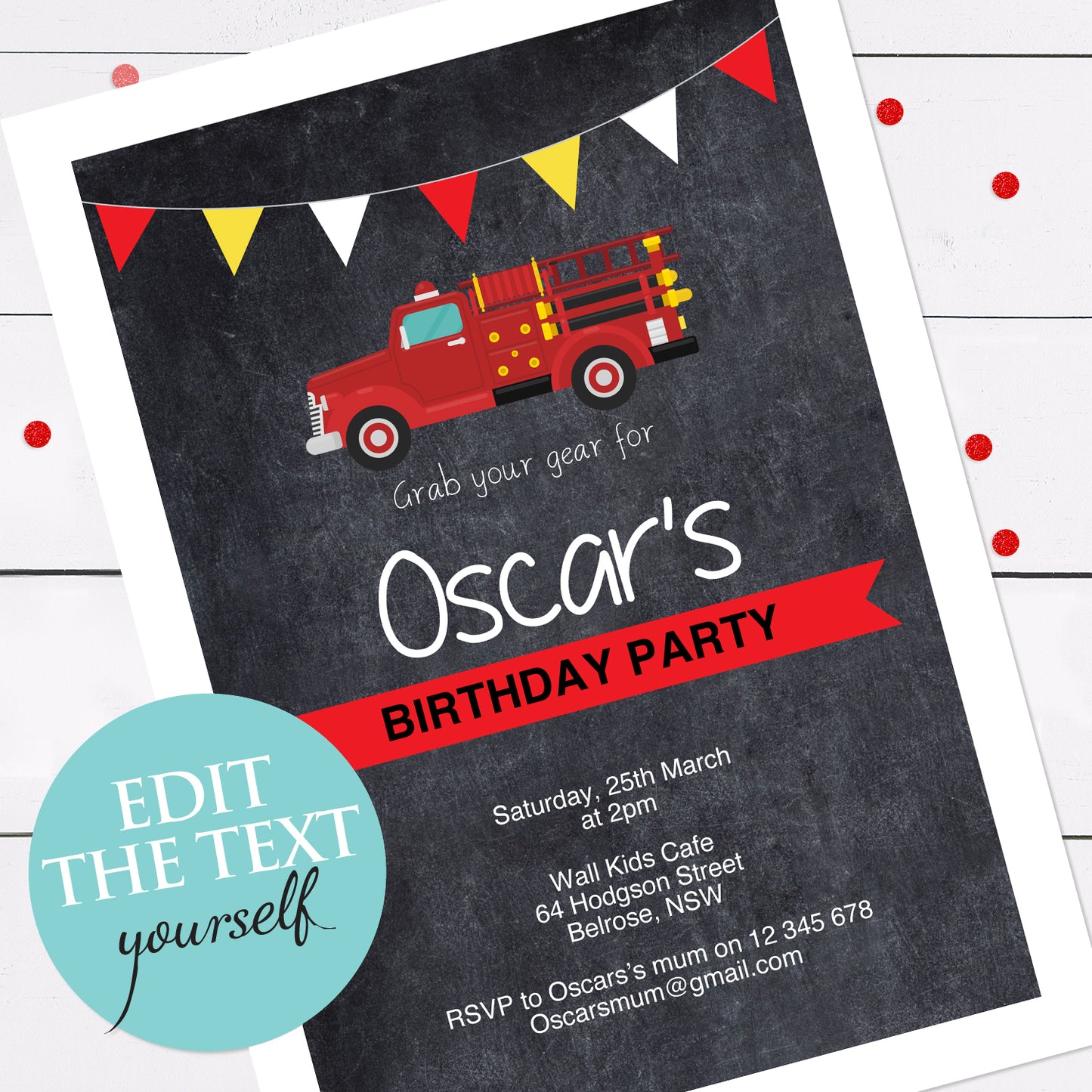 firetruck birthday or baby shower invite - INSTANT DOWNLOAD PDF