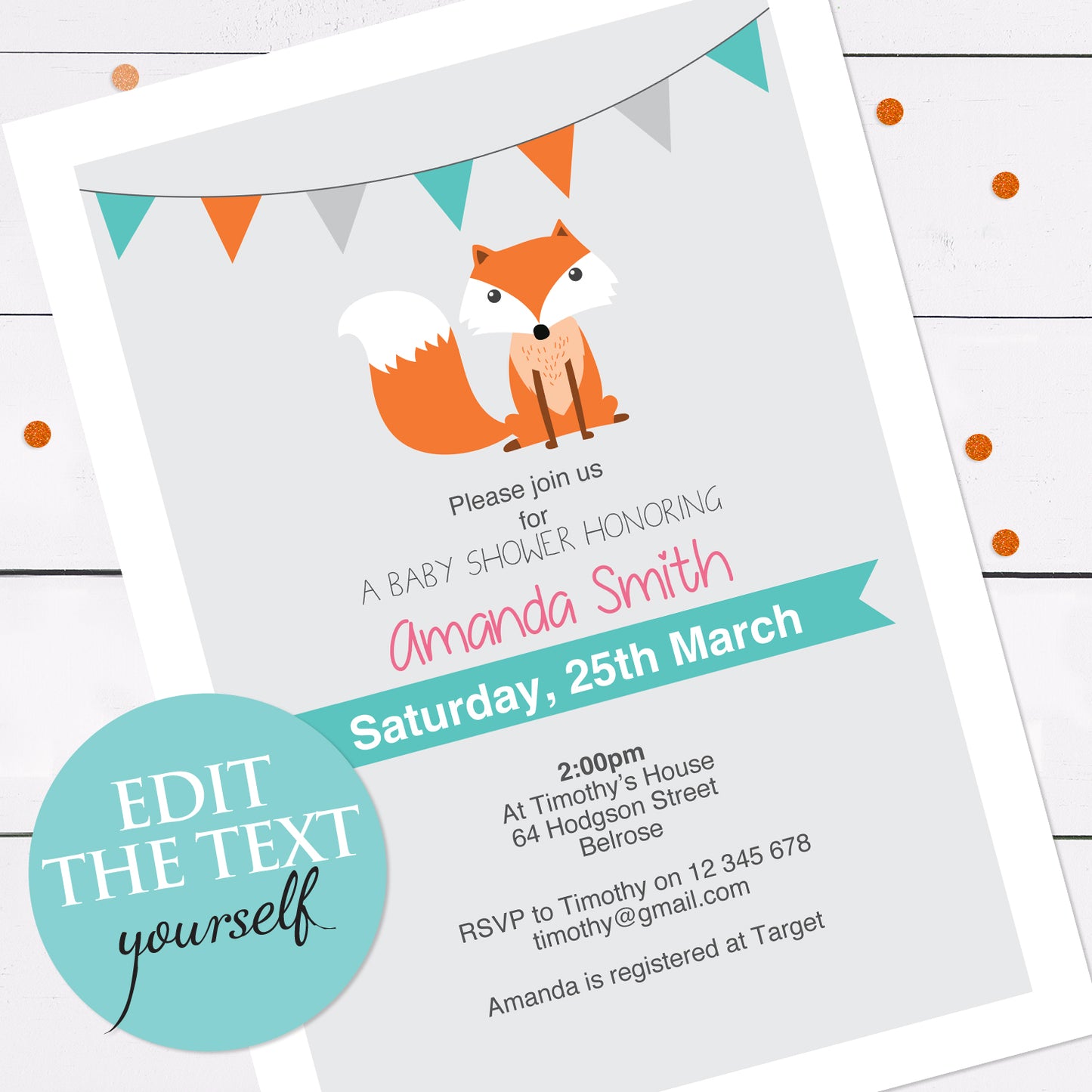 fox birthday or baby shower invite - INSTANT DOWNLOAD PDF