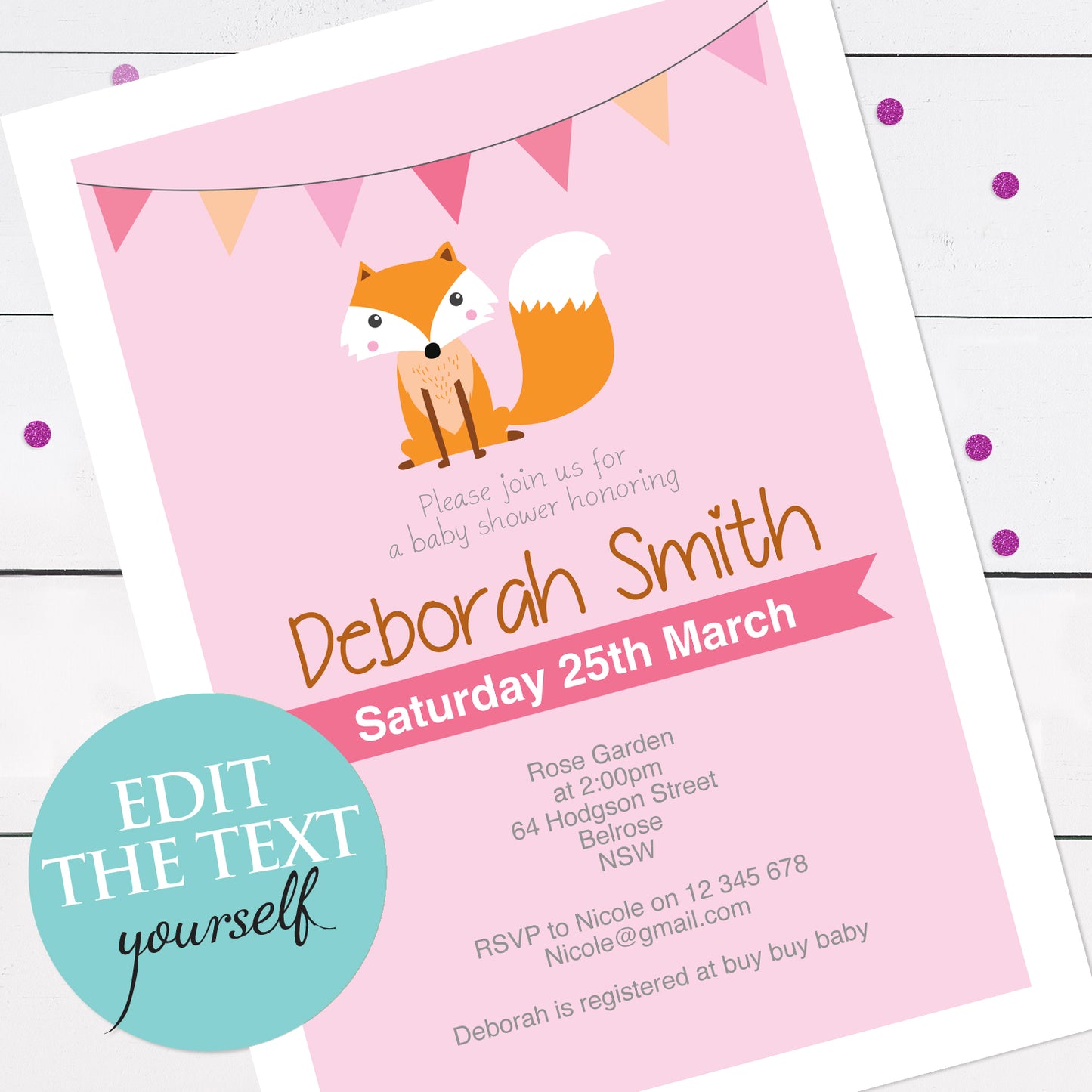 pink fox birthday or baby shower invite - INSTANT DOWNLOAD PDF