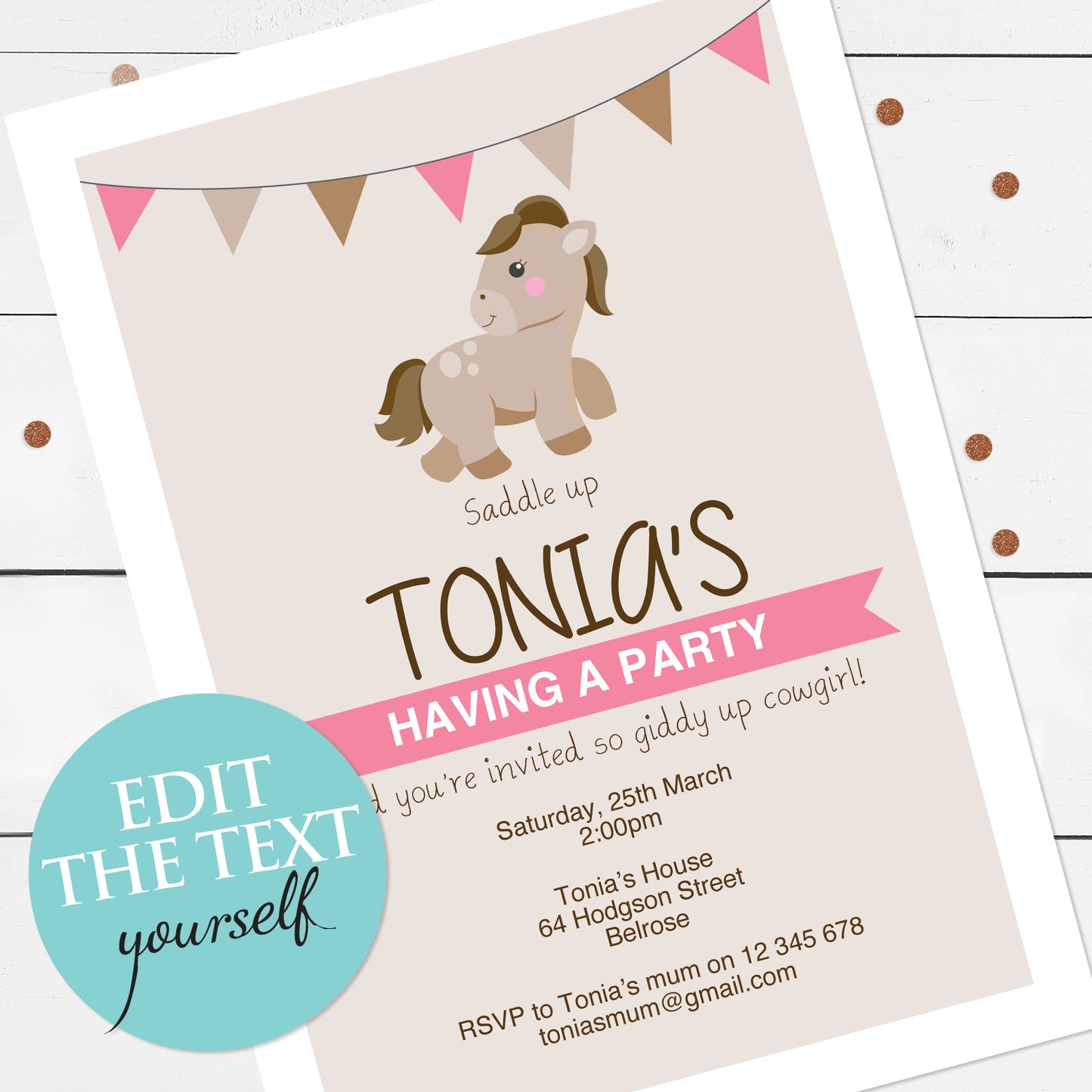 pony birthday or baby shower invite - INSTANT DOWNLOAD PDF