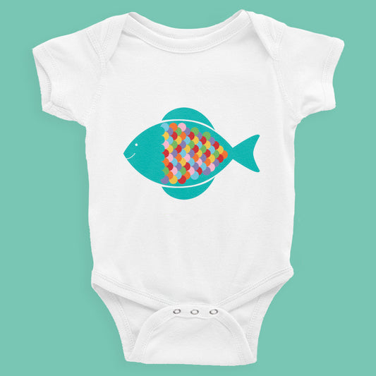 un and colourful fish design on baby bodysuit