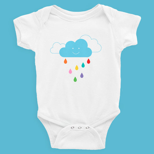 infant bodysuit with a cute smiling cloud and rainbow raindrops