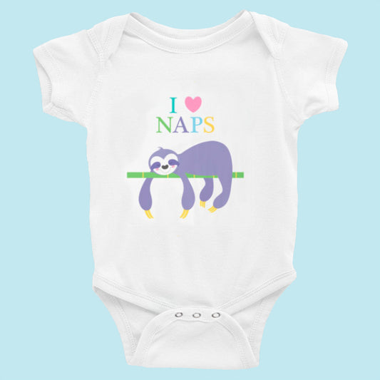 comfortable white baby bodysuit with a cute sleeping sloth design