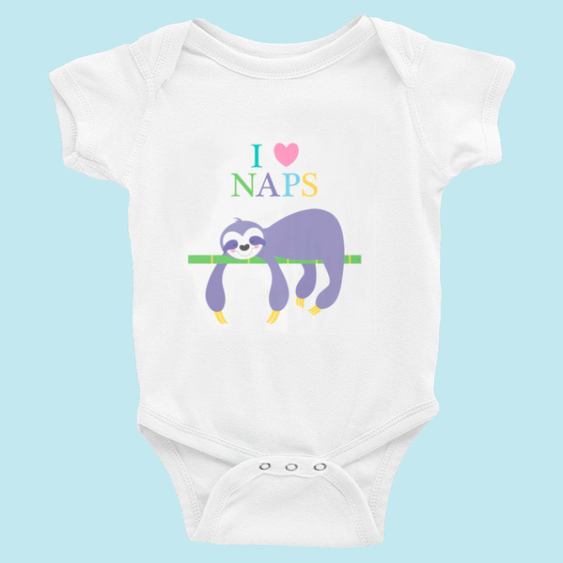 comfortable white baby bodysuit with a cute sleeping sloth design