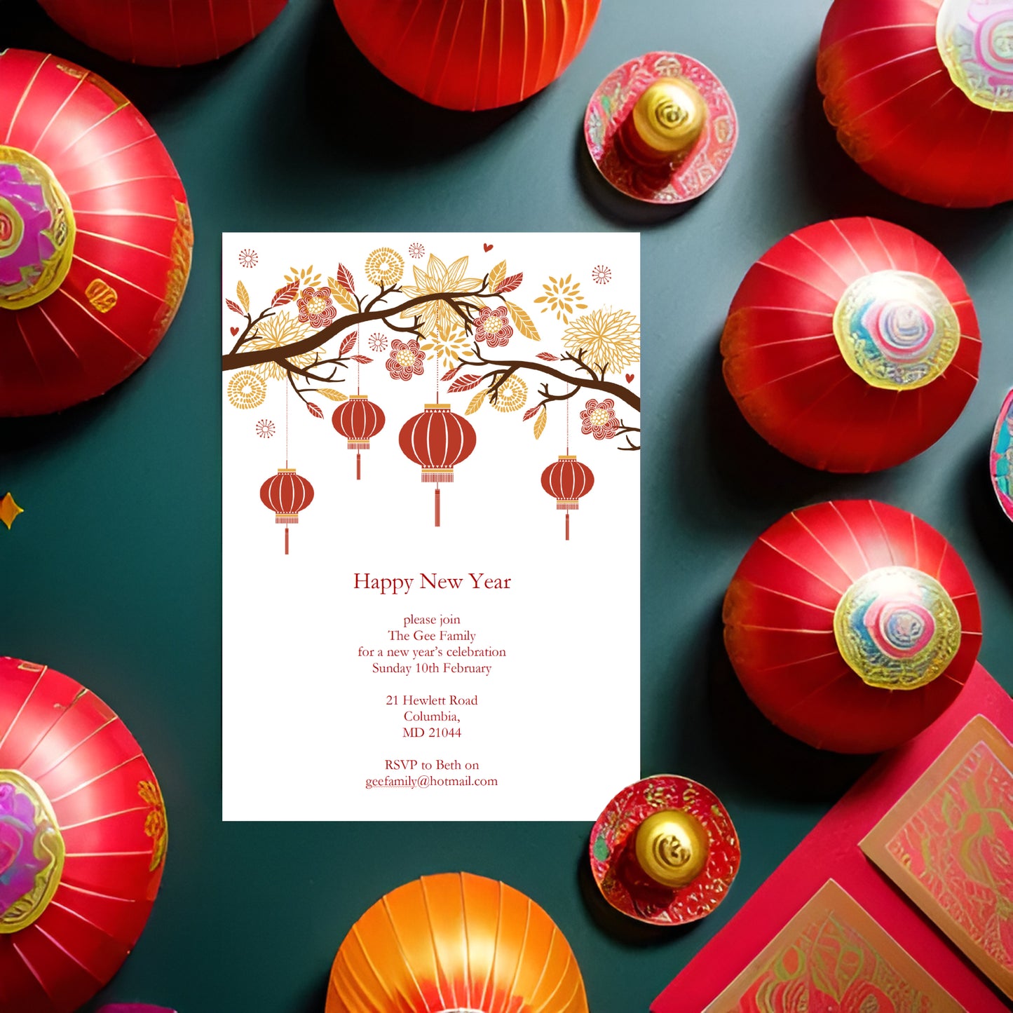 Chinese new year lanterns invite - INSTANT DOWNLOAD PDF