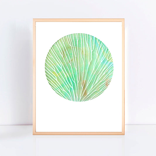 print in frame from an original cut paper artwork with green suminagashi, Japanese marbling