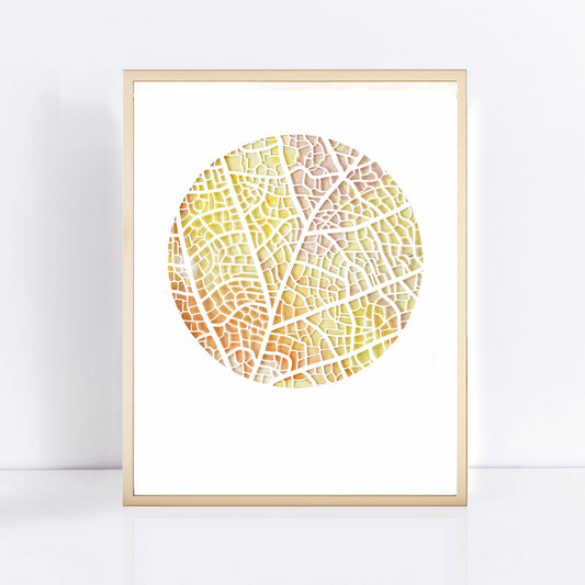 limited edition fine art print in a frame of yellow orange circle with leaf vein pattern on top