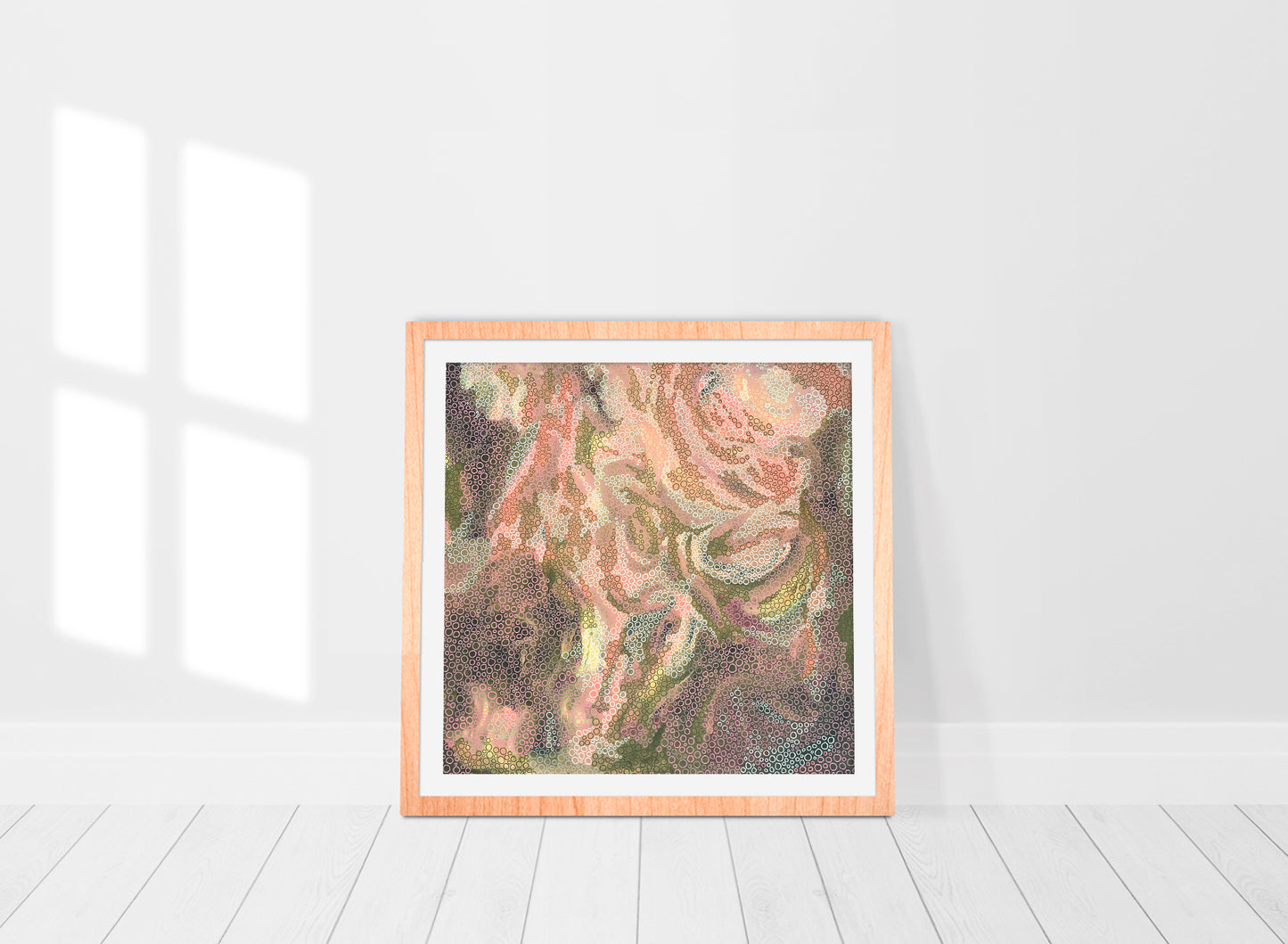 limited edition print of an original painting. Swirling, gestural brush strokes in a mix of olive green, terracotta and straw yellow
