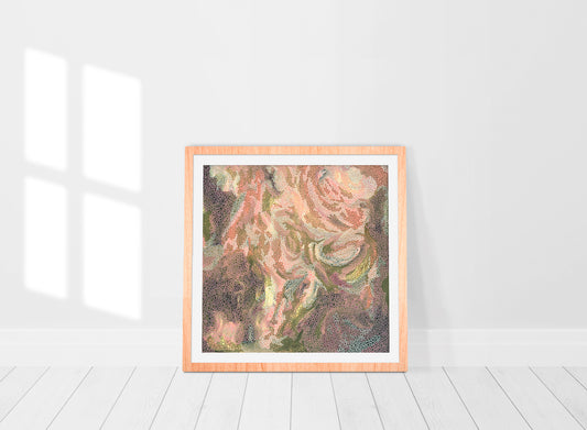  limited edition print of an original painting. Swirling, gestural brush strokes in a mix of olive green, terracotta and straw yellow