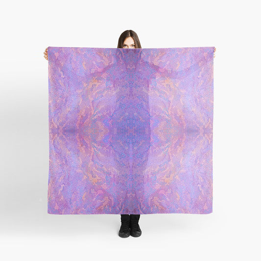big purple woman's scarf with abstract design being held up 