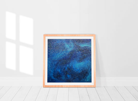 print in frame of bold bluel abstract painting