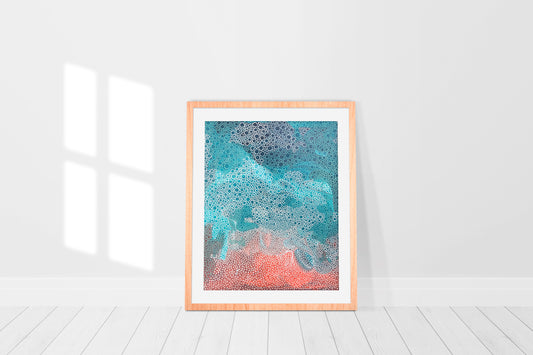 print in a frame mix of turquoises and pinks reminiscent of beach and waves