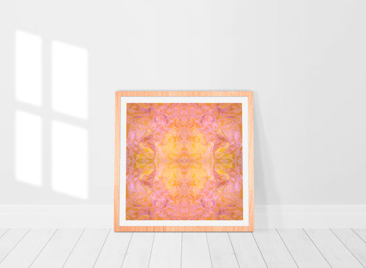orange and yellow mandala print abstract in frame