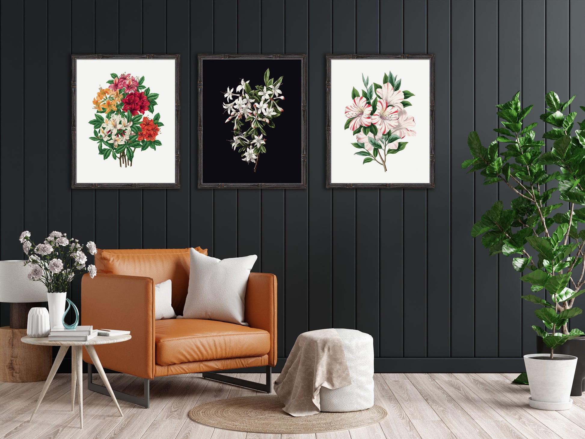 dark room black walls with leather chair and Vintage azalea prints