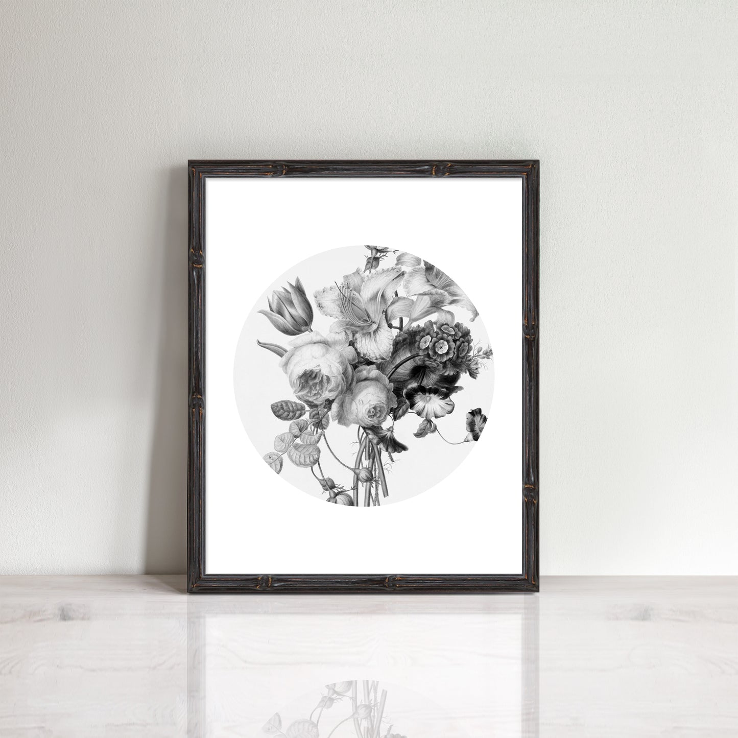 print of a beautiful bouquet of vintage flowers in black and white