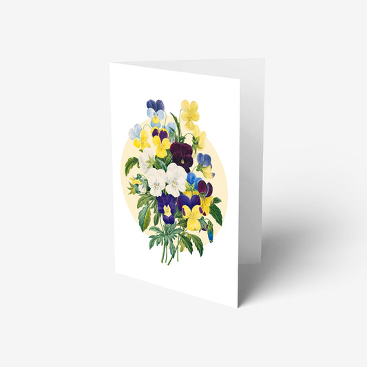 floral greeting card with a botanical illustration of a bouquet of pansies