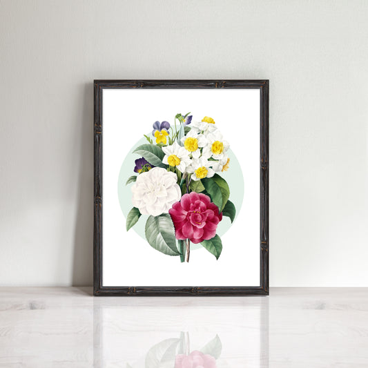 vintage botanical illustration of bouquet of pansy flowers, camellias and narcissus