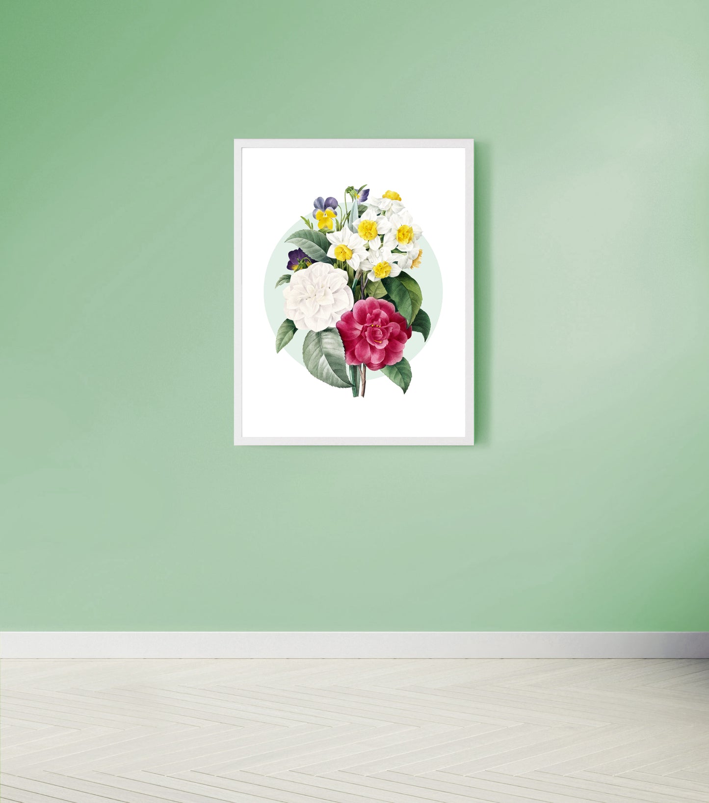 Vintage camellia narcissus and pansy bouquet print