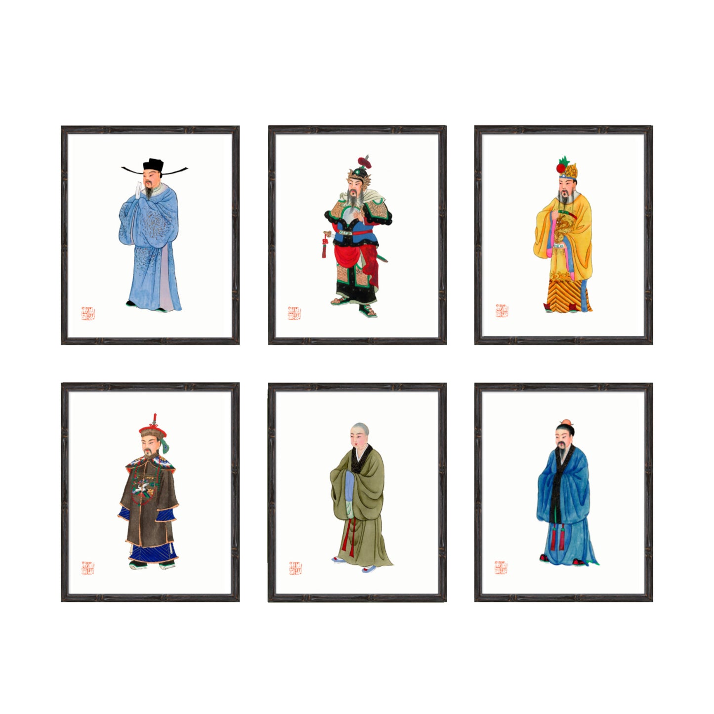 six Chinese art chinoiserie wall art prints - men in Chinese costume portraits