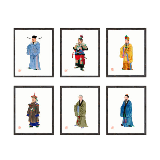 six Chinese art chinoiserie wall art prints - men in Chinese costume portraits