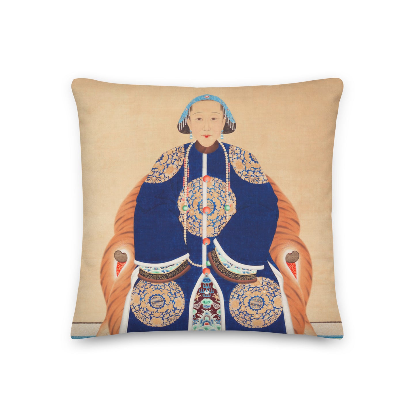 a Chinese woman wearing a headdress on a cushion cover