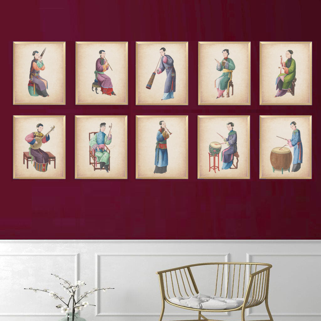 Vintage Chinese Musician Wall Art Prints - Chinoiserie Gallery Wall Decor