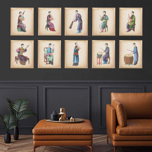 Ten prints of vintage watercolour illustrations of Chinese musicians playing various musical instruments are sold individually or available as a set of three, four or six for a gallery wall. These vintage chinoiserie prints are based on antique illustrations from the late 1700s in a room