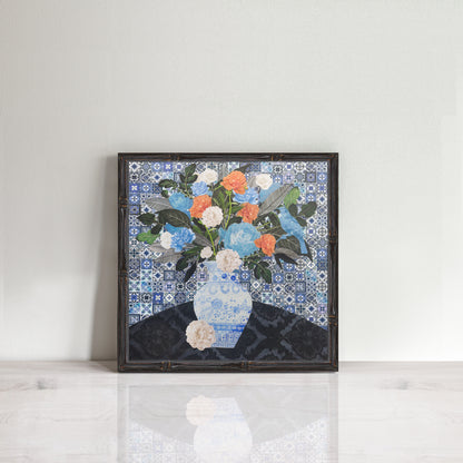  blue and apricot still life print in a frame, a collage of vintage botanical images, illustrations, and ginger jar on a Portuguese tile background