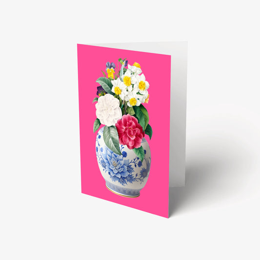 floral hot pink greeting card features a stunning ginger jar and botanical illustration
