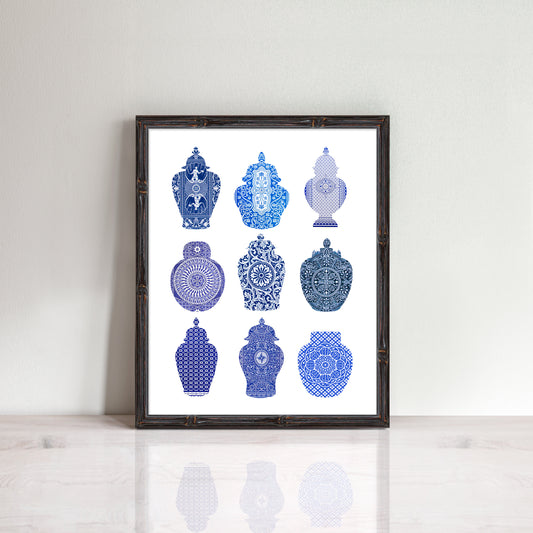 print of blue and white china ginger jars were actually the patterned backs of old playing cards
