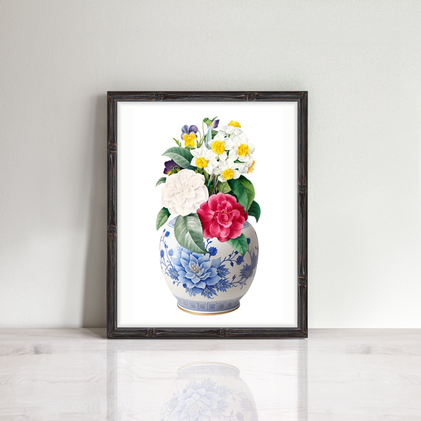 print featuring a vibrant bunch of flowers, camellias, pansies etc in a classic blue and white china ginger jar