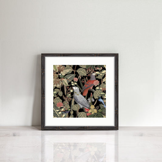 African grey parrots and tropical plants mixed together for a fun tropical print
