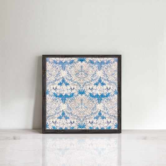 vintage pattern print in blue and white of tulips