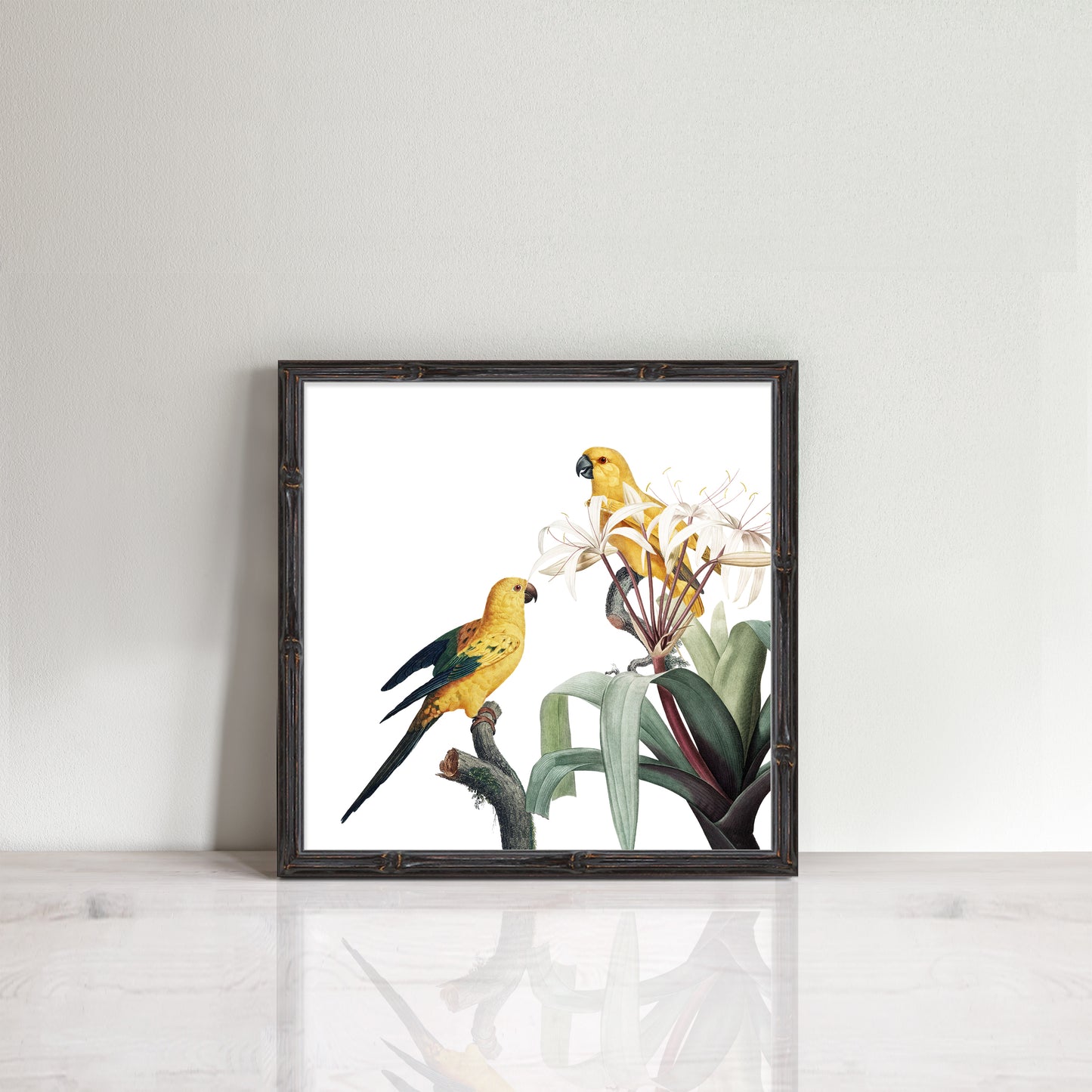 print of yellow parrot tropical birds and plants