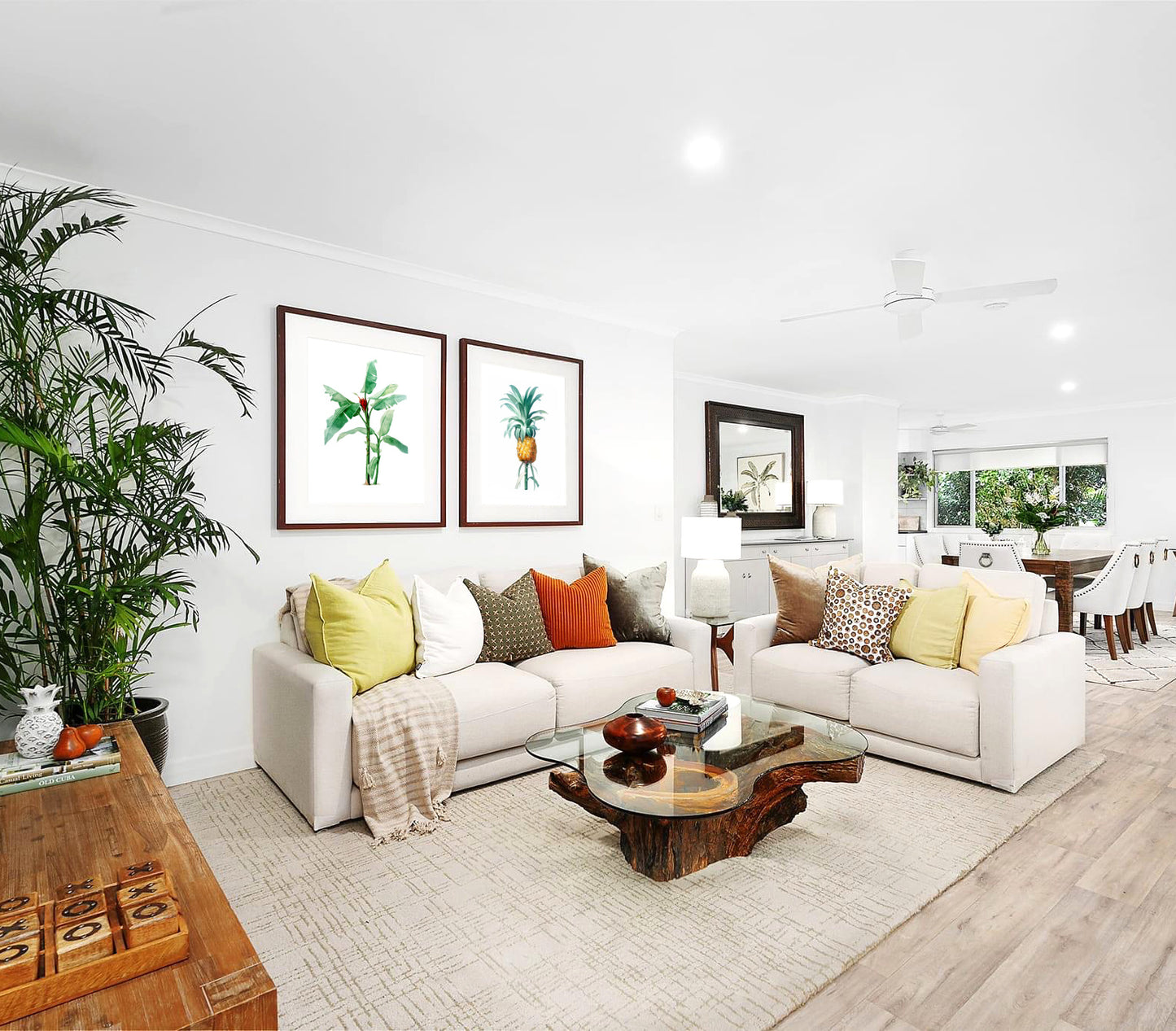living room with Pineapple themed prints