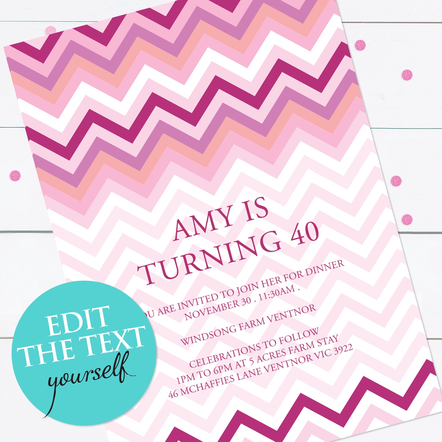Chevron pink invite - INSTANT DOWNLOAD PDF