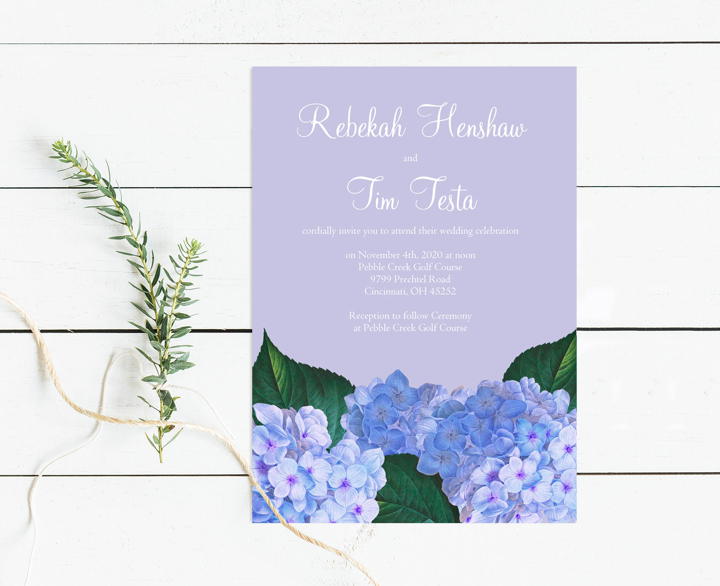 purple invitation with vintage botanical illustration of a hydrangea flower