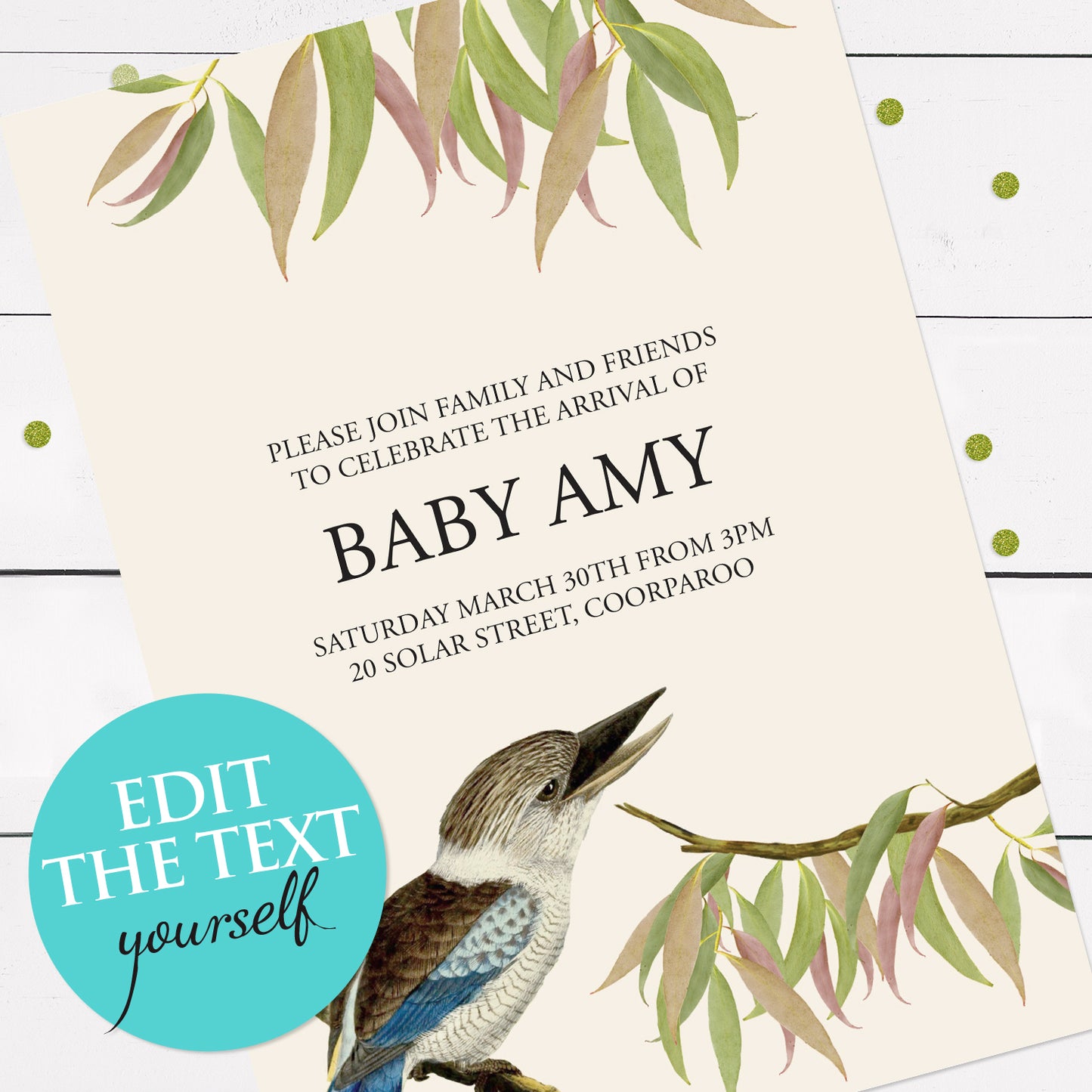 Kookaburra and gum leaf invite - INSTANT DOWNLOAD PDF
