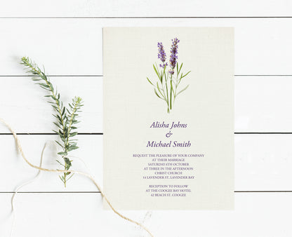 Lavender flower invite on a linen background