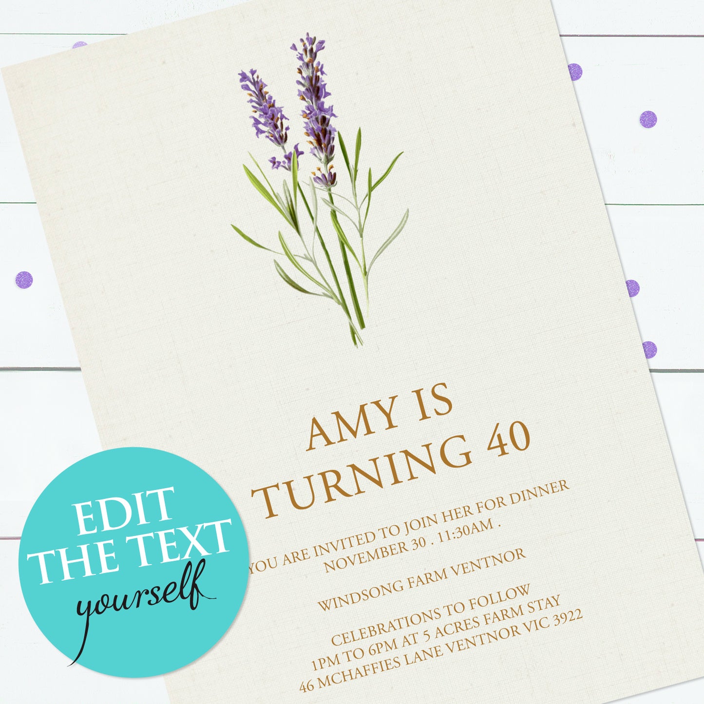 Lavender and linen invite - INSTANT DOWNLOAD PDF