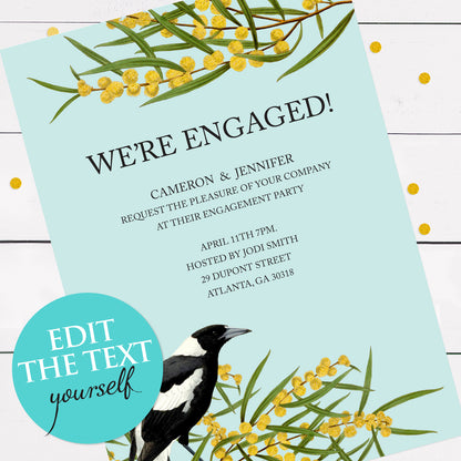 Magpie and wattle invite - INSTANT DOWNLOAD PDF