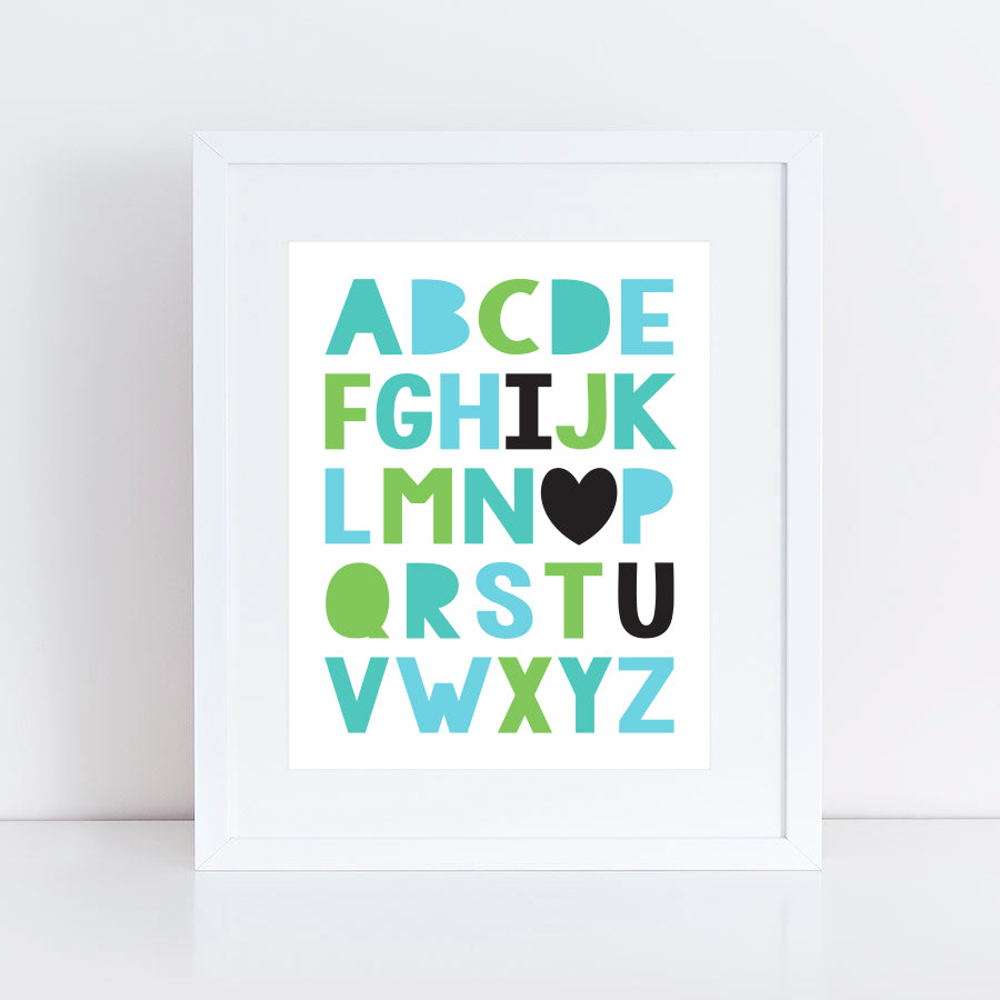 I love you ABCs print in green and turquoise