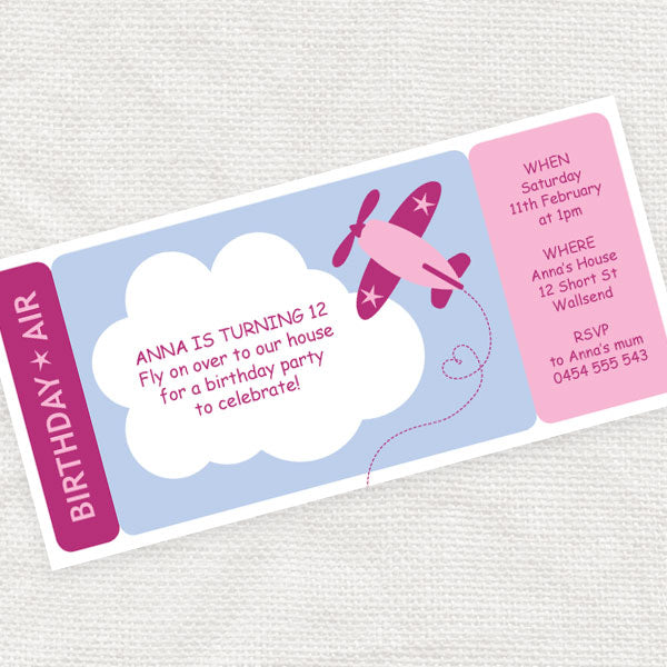 Girls airplane ticket birthday invite boarding pass