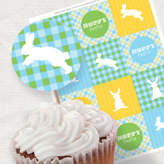 easter party circles in green, yellow and blue with bunny designs and HOPPY easter