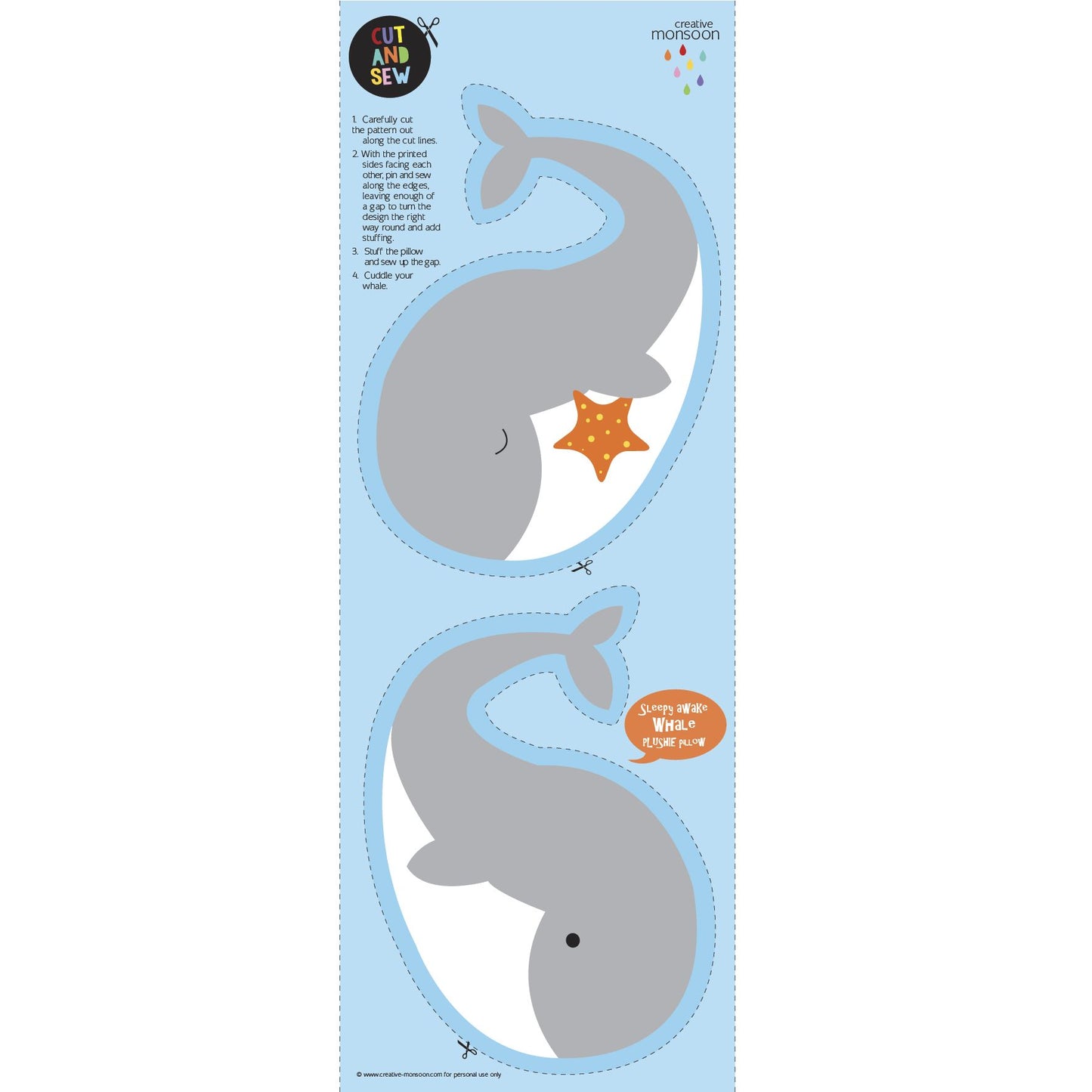 fabric panel to Make your own cute whale pillow