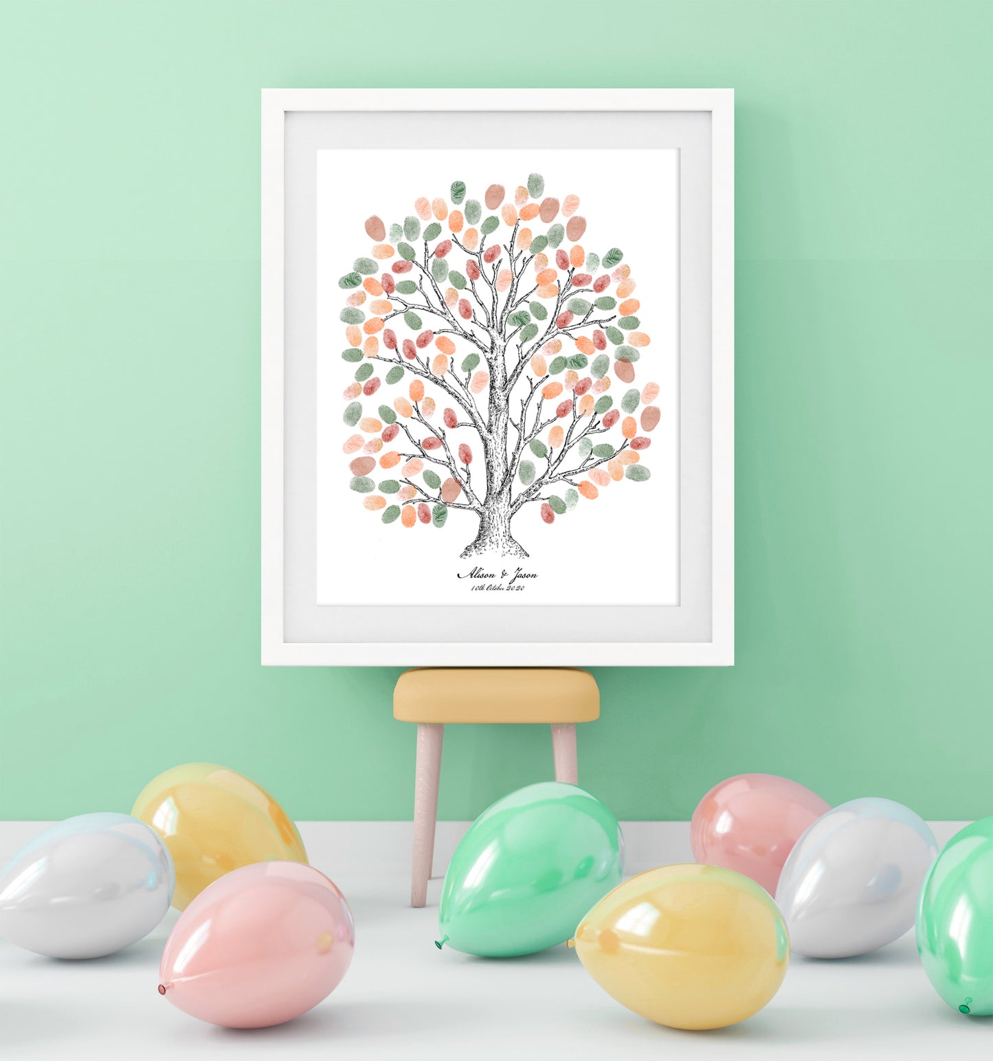 fingerprint tree guest book tree poster in green room at party