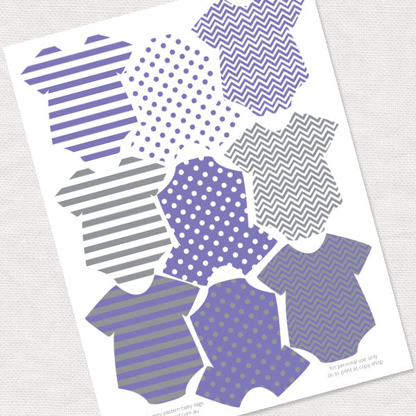 light purple and grey onesie shaped decorations for a baby shower to cut out